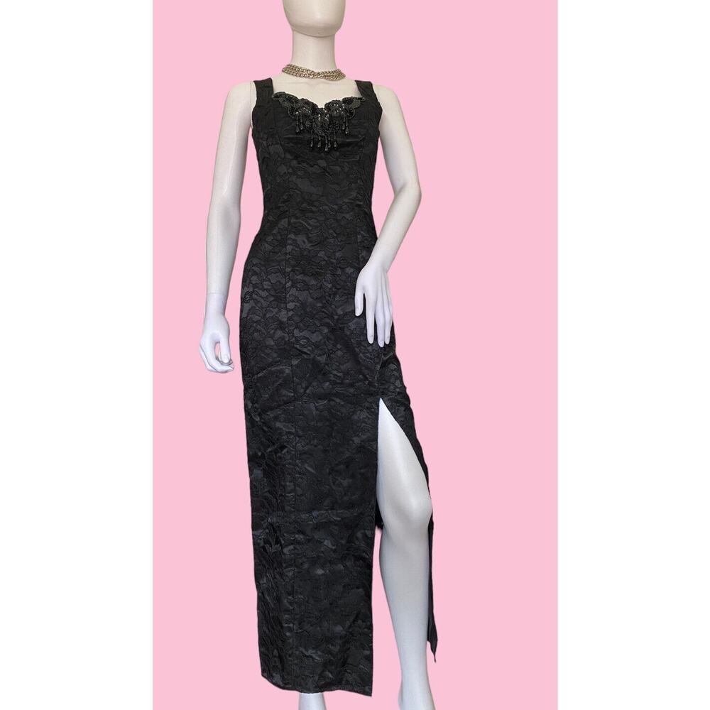 Vintage 80s/90s Michele Vincent Long Black Beaded Dress Prom Evening Gothic
